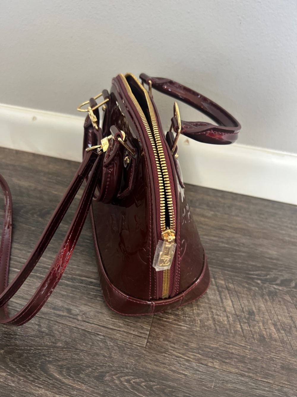 Patent-Effect Dome Satchel in Burgundy Patent - Picture 8 of 9